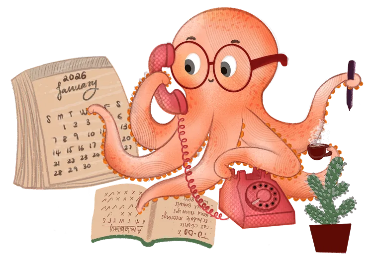 Octopus illustration at a desk with phone, calendar and notepad