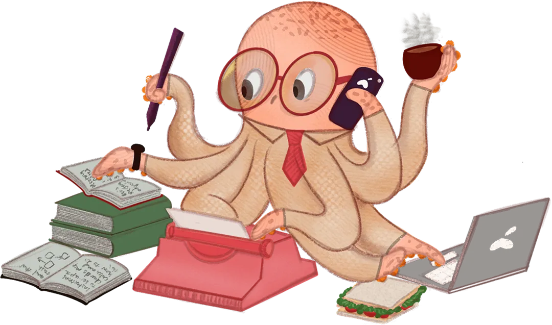 Octopus illustration juggling AI tools and business tasks