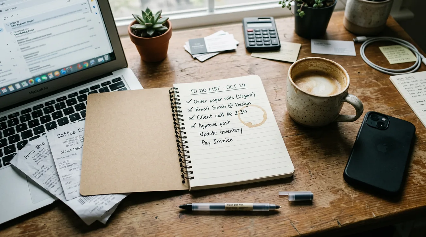 Overhead view of a cluttered small business desk with laptop, handwritten to-do list, coffee, and scattered receipts