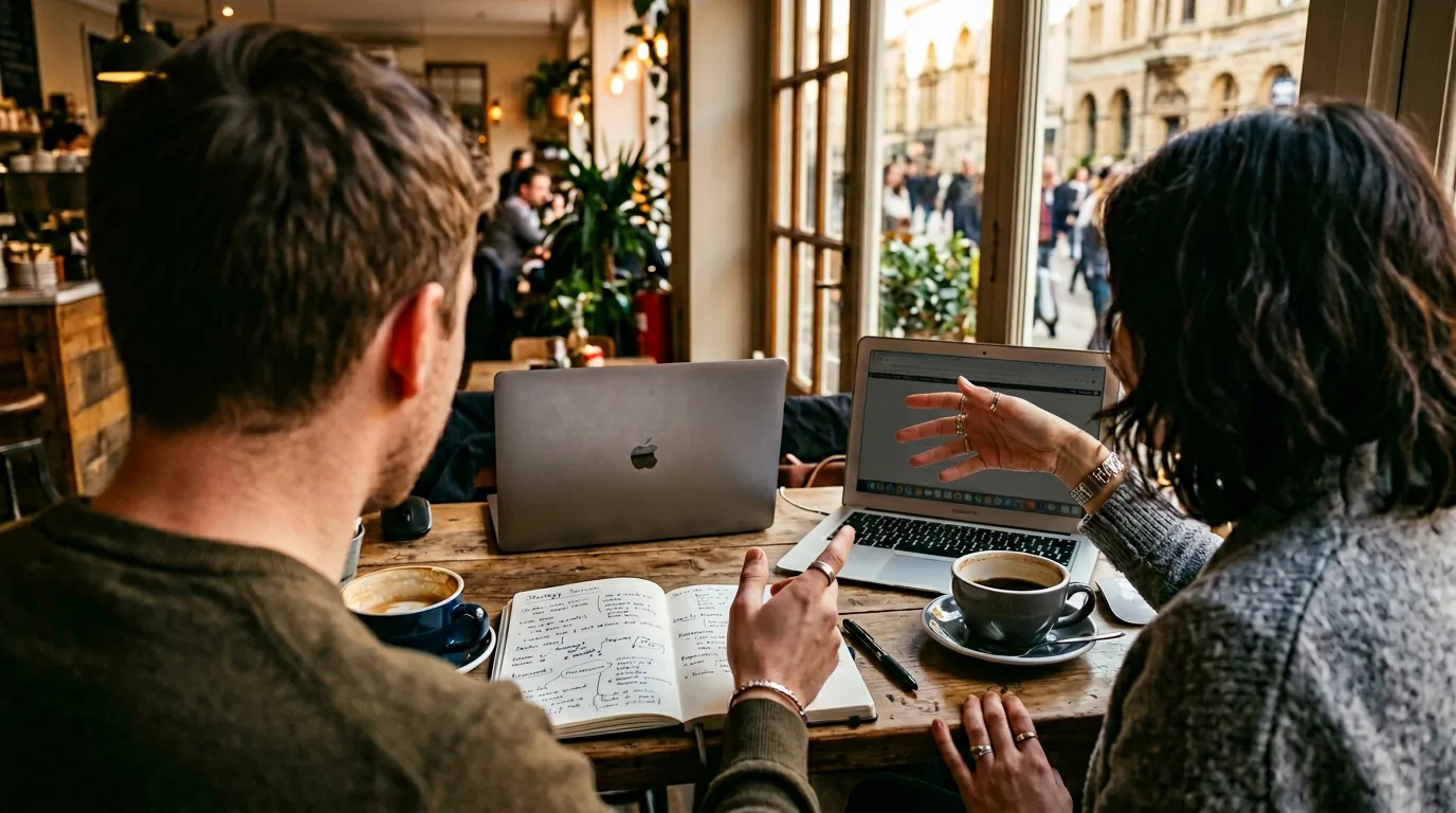 Over-the-shoulder view of a casual business conversation at a cafe table with notebook and coffee