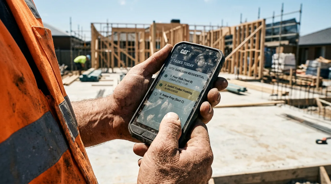 Close-up of a tradesperson's hands checking a job dashboard on their phone at a building site