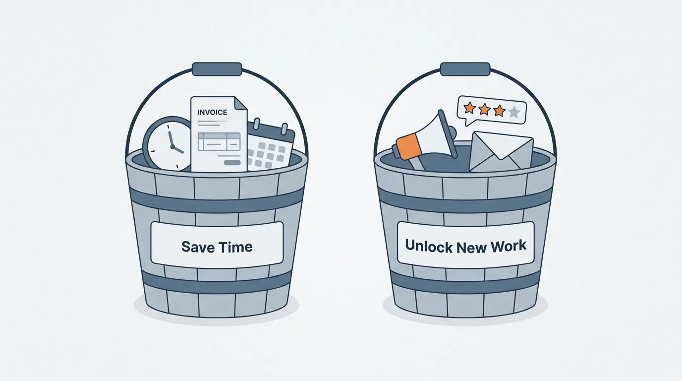 Two labelled buckets side by side: Save Time with task icons and Unlock New Work with opportunity icons