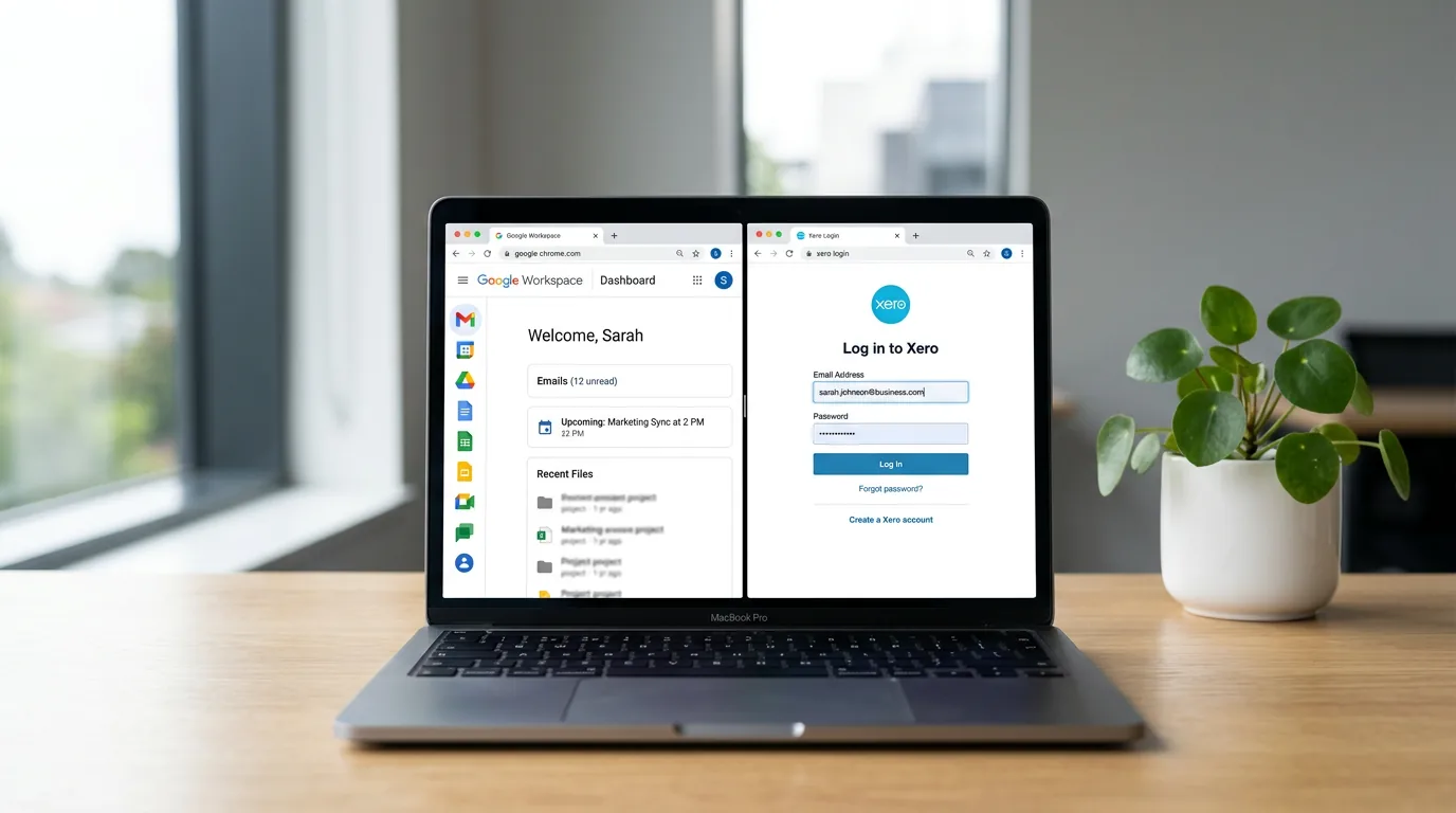 Laptop showing Google Workspace and Xero dashboards on a clean office desk