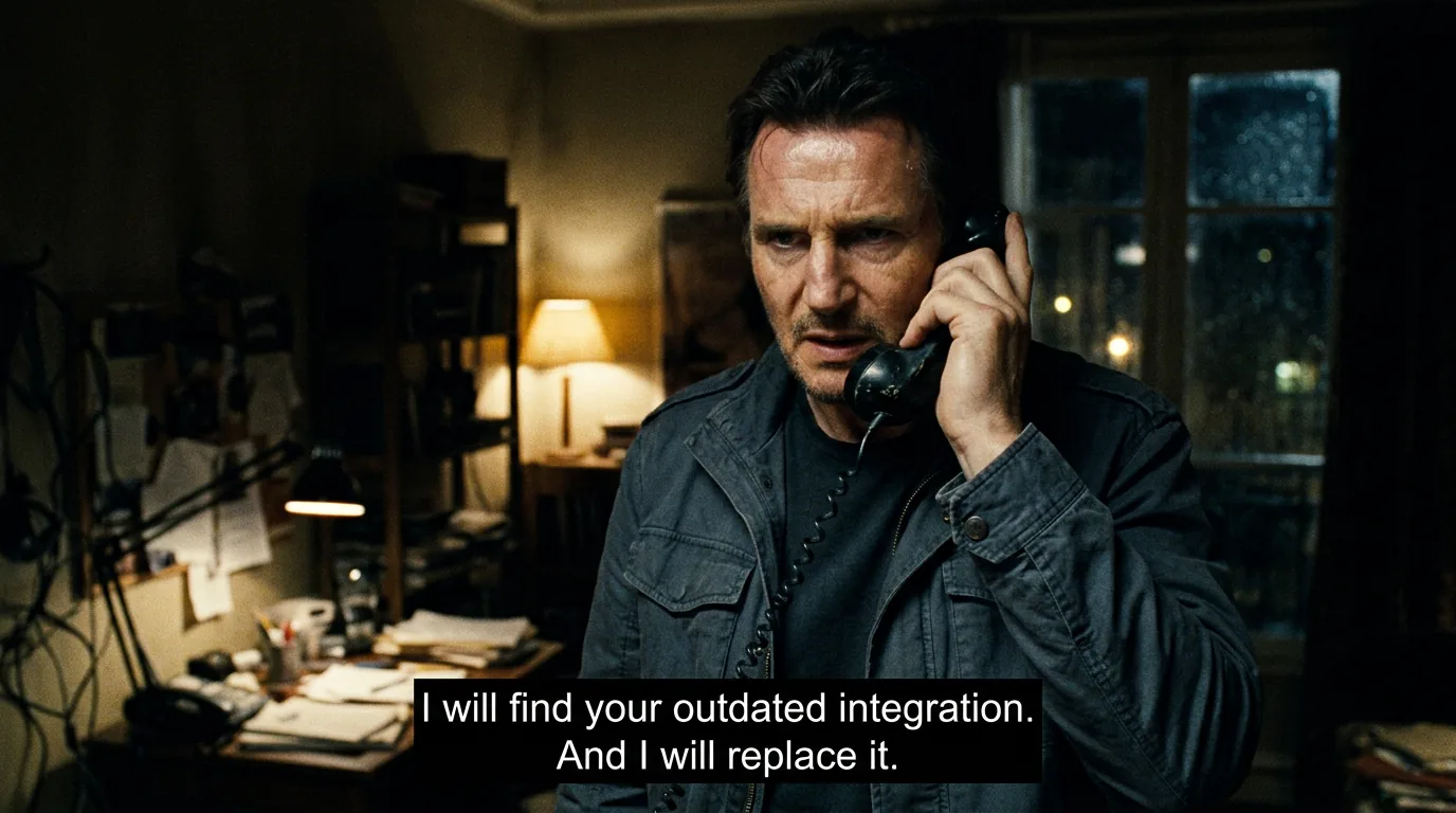Taken parody with Liam Neeson on the phone, subtitle about finding and replacing outdated integrations
