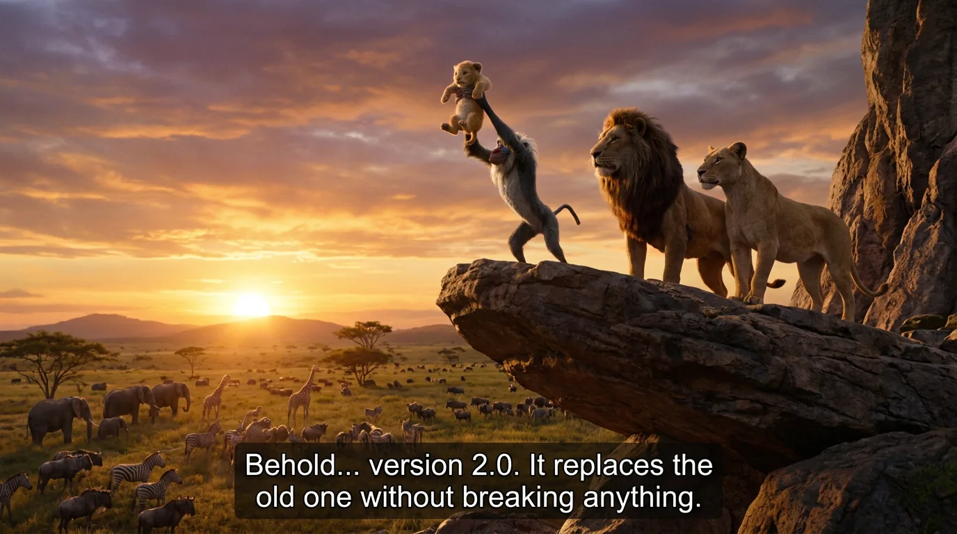 Pride Rock parody with a baboon holding up a lion cub at sunrise, subtitle about version upgrades that do not break anything
