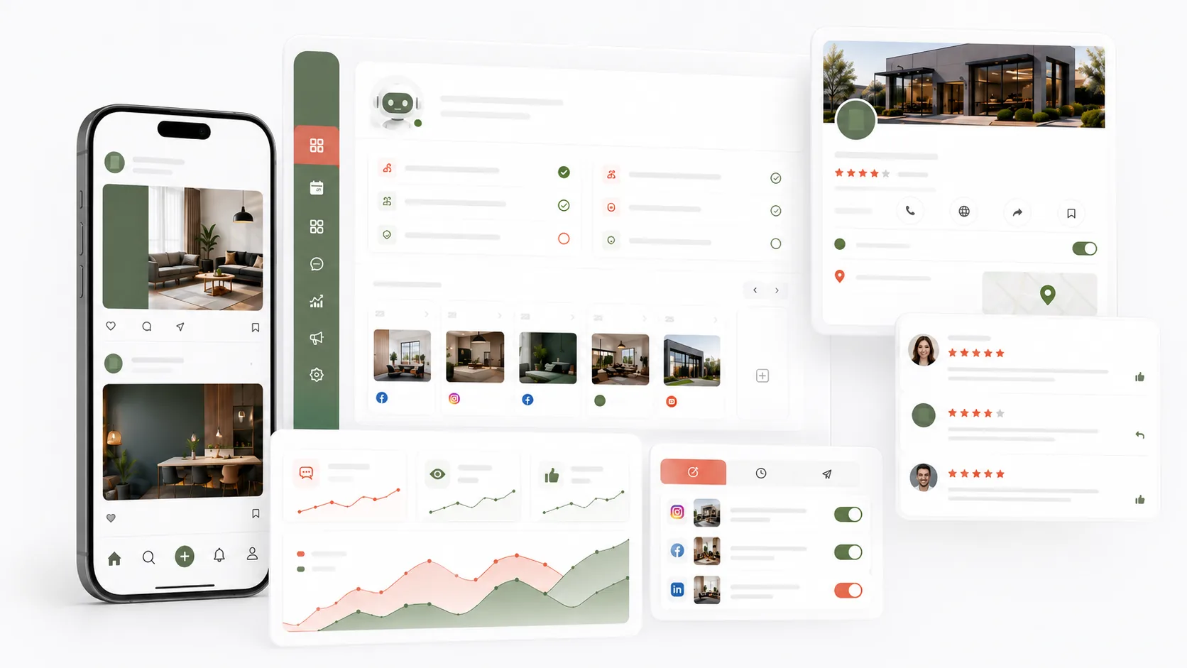 Social media posts agent dashboard with on-brand posts scheduled across socials and Google Business