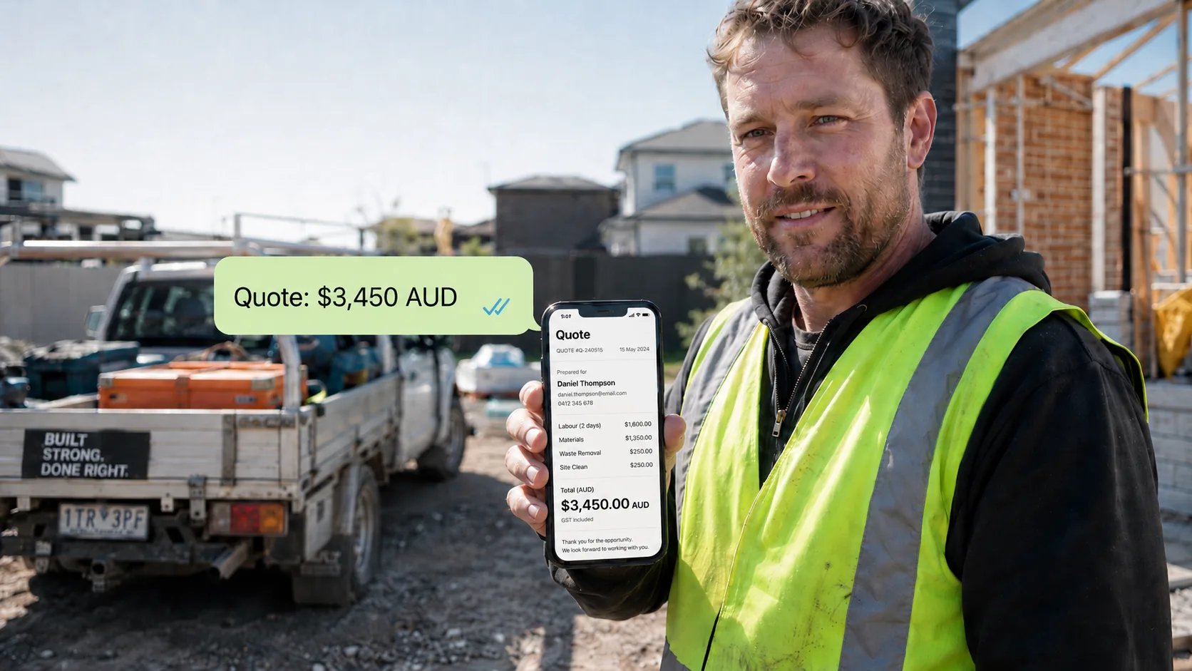Tradie sending a WhatsApp quote from a worksite phone