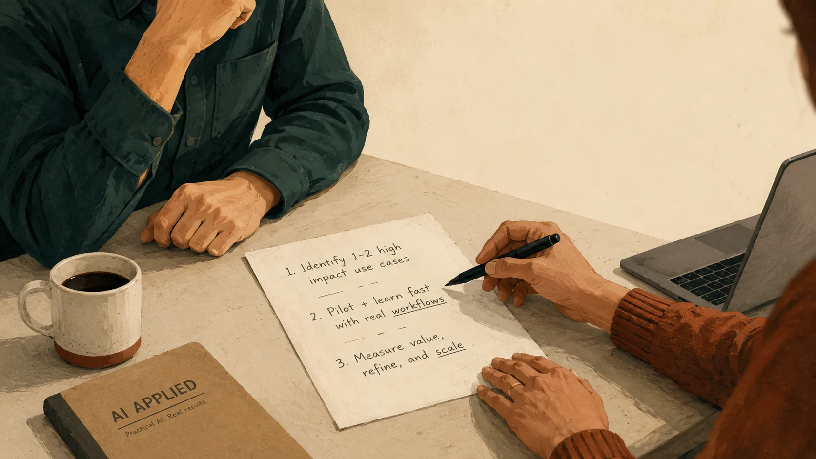 Editorial illustration of an AI Applied consulting conversation, with a notebook on the table showing a simple three-step plan written by hand