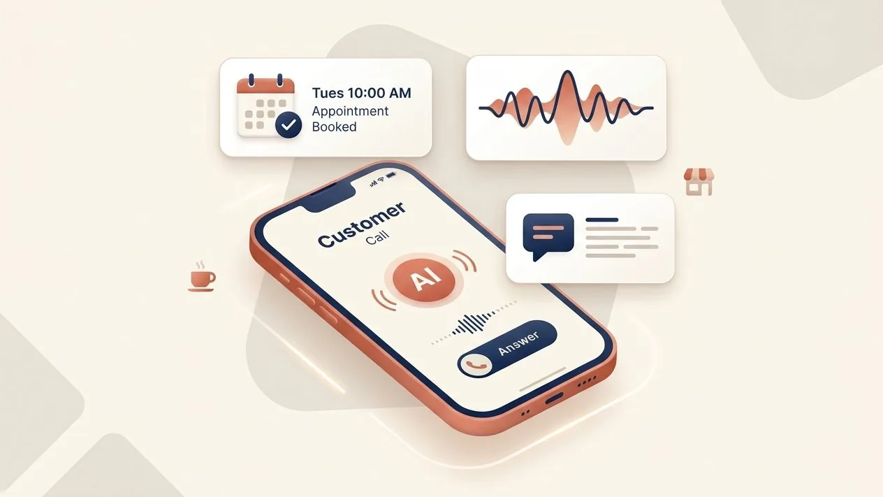 AI receptionist answering a business call on a phone, with a booked-appointment confirmation and call transcript