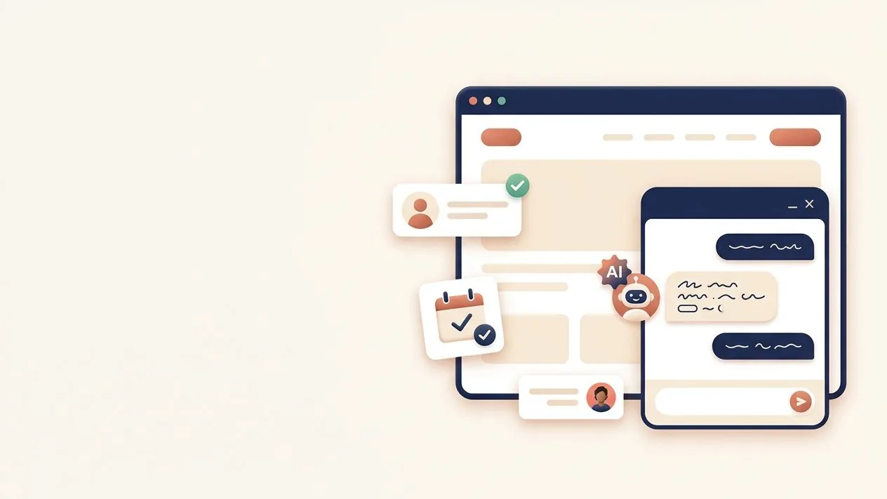 AI chatbot widget on a business website answering a customer and capturing a lead, with handoff to a person