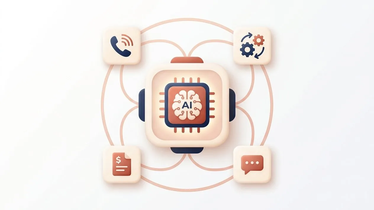 AI automation hub connecting phone answering, workflows, quoting and invoicing, and chat for an Australian business