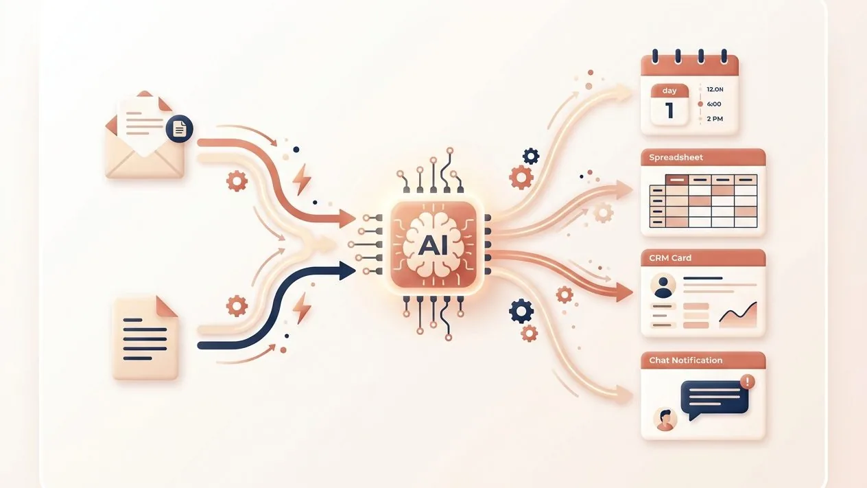 AI workflow automation flow: emails and documents flowing through an AI node into a calendar, spreadsheet, CRM, and chat