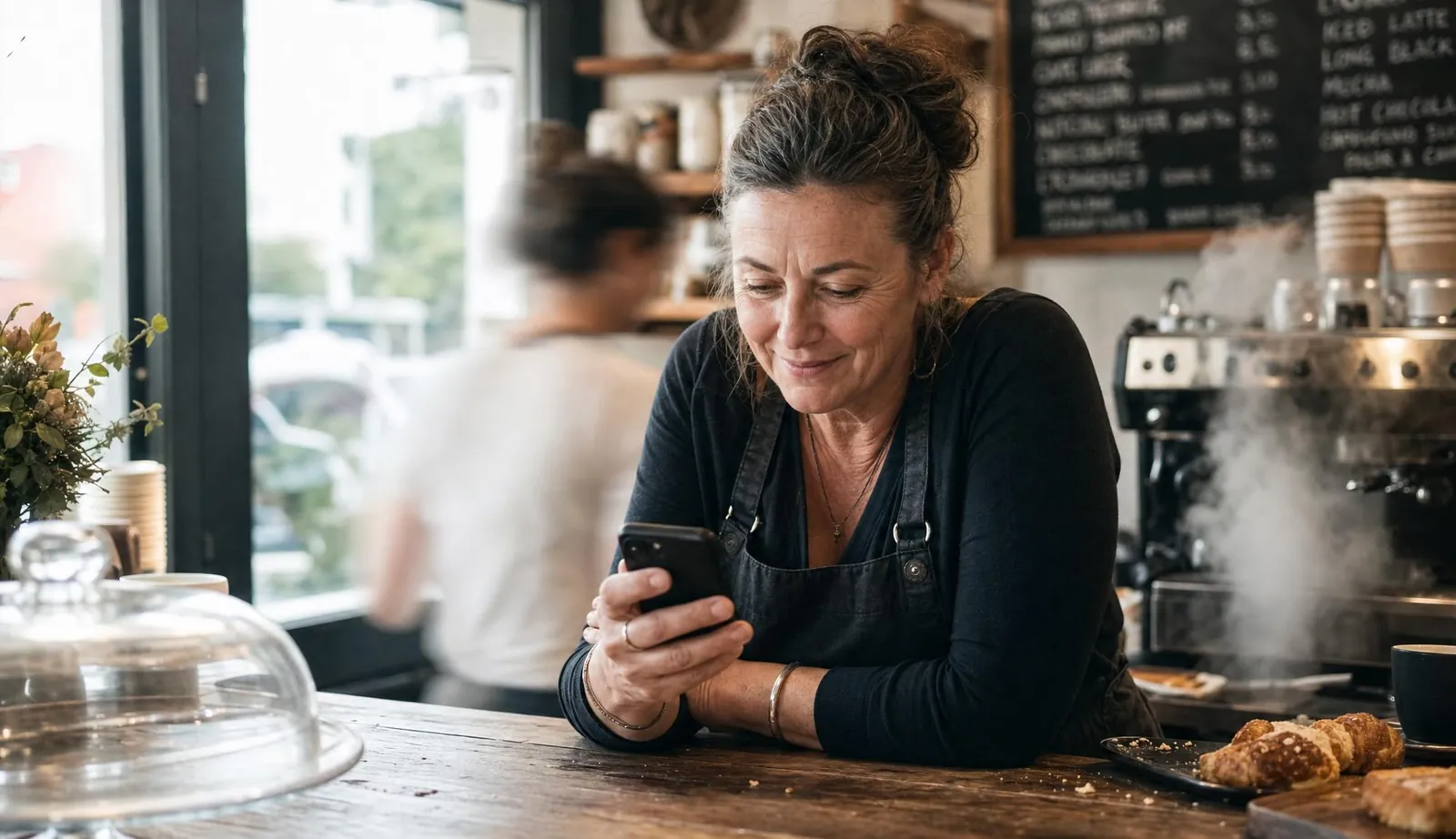 Cafe owner reading a Google review on her phone