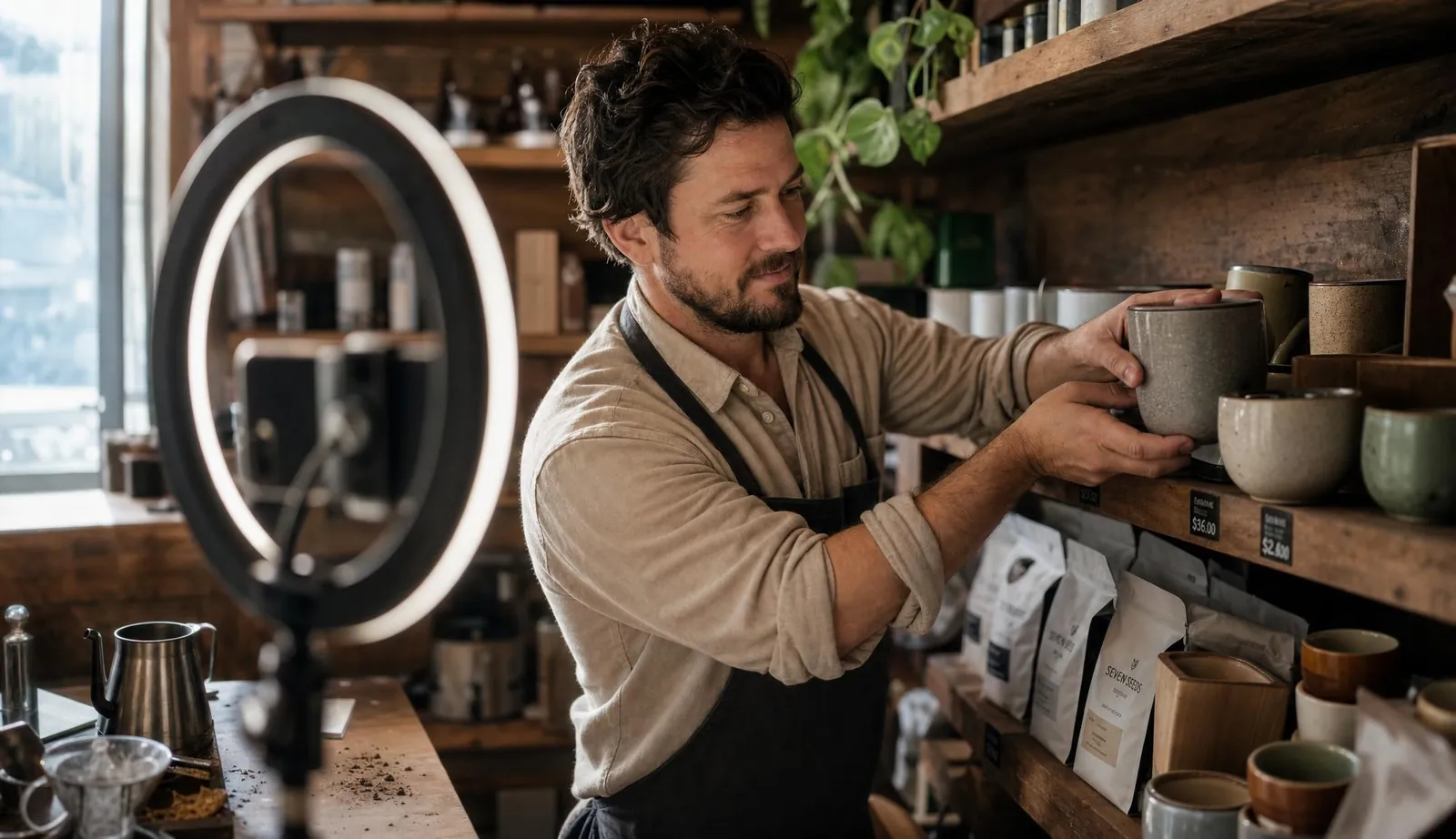 Shop owner filming a product video for social media