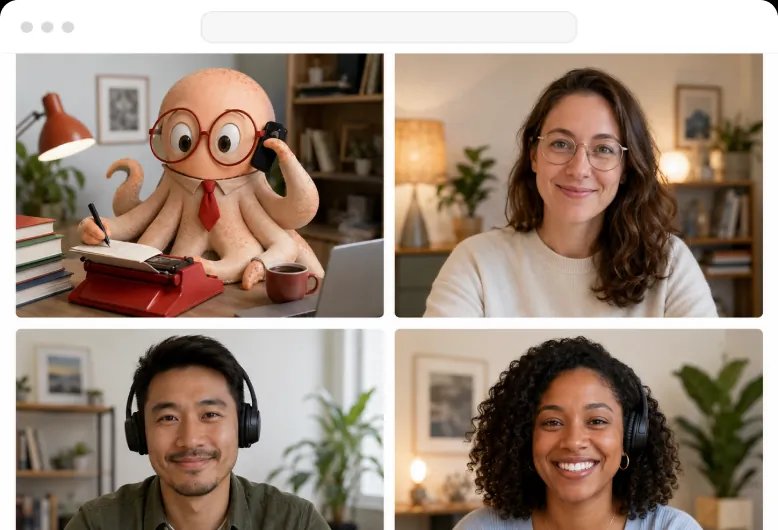 A team meeting over video, including the AI Applied octopus taking notes